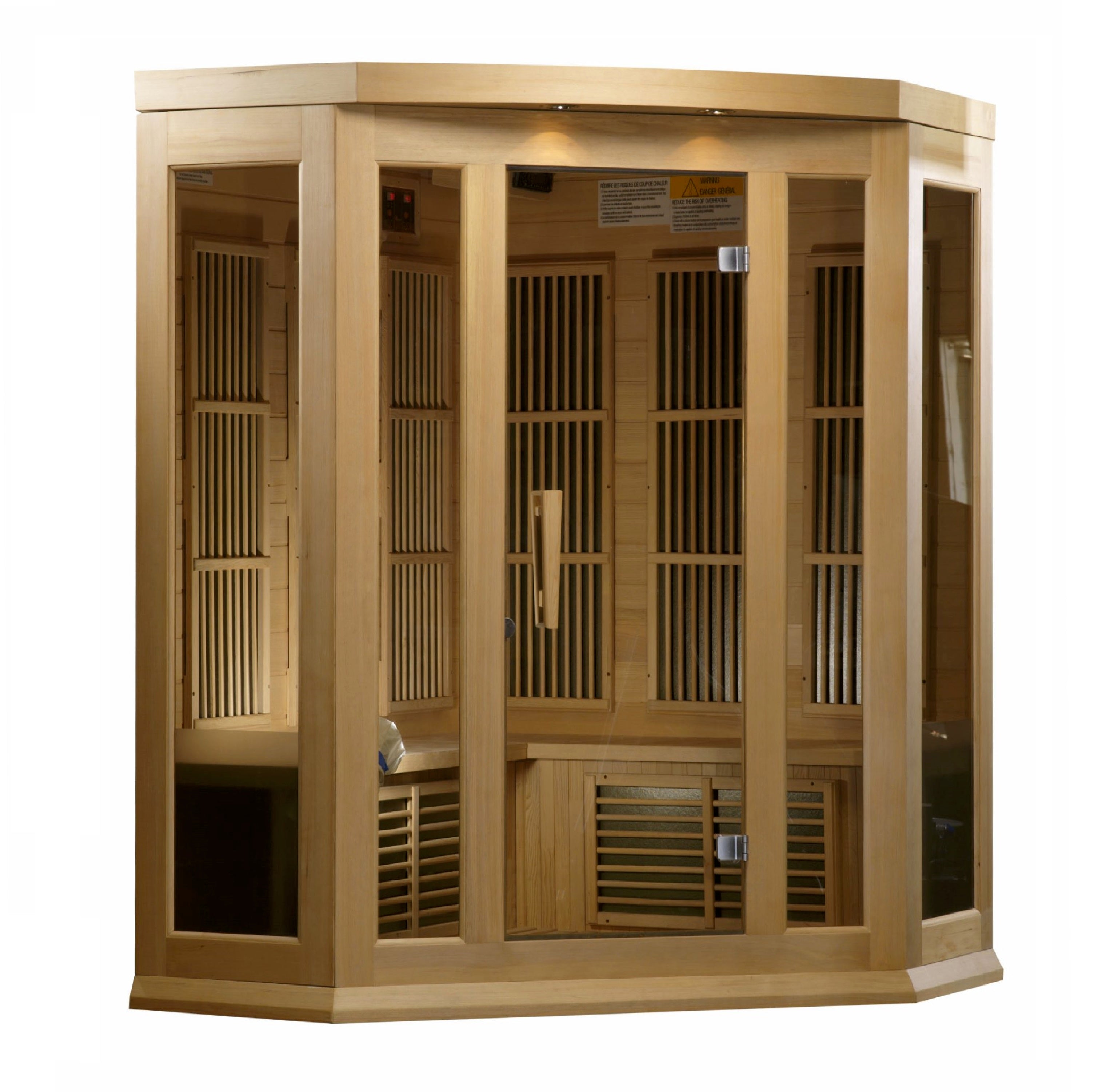 Maxxus corner sauna — open door showing bench layout