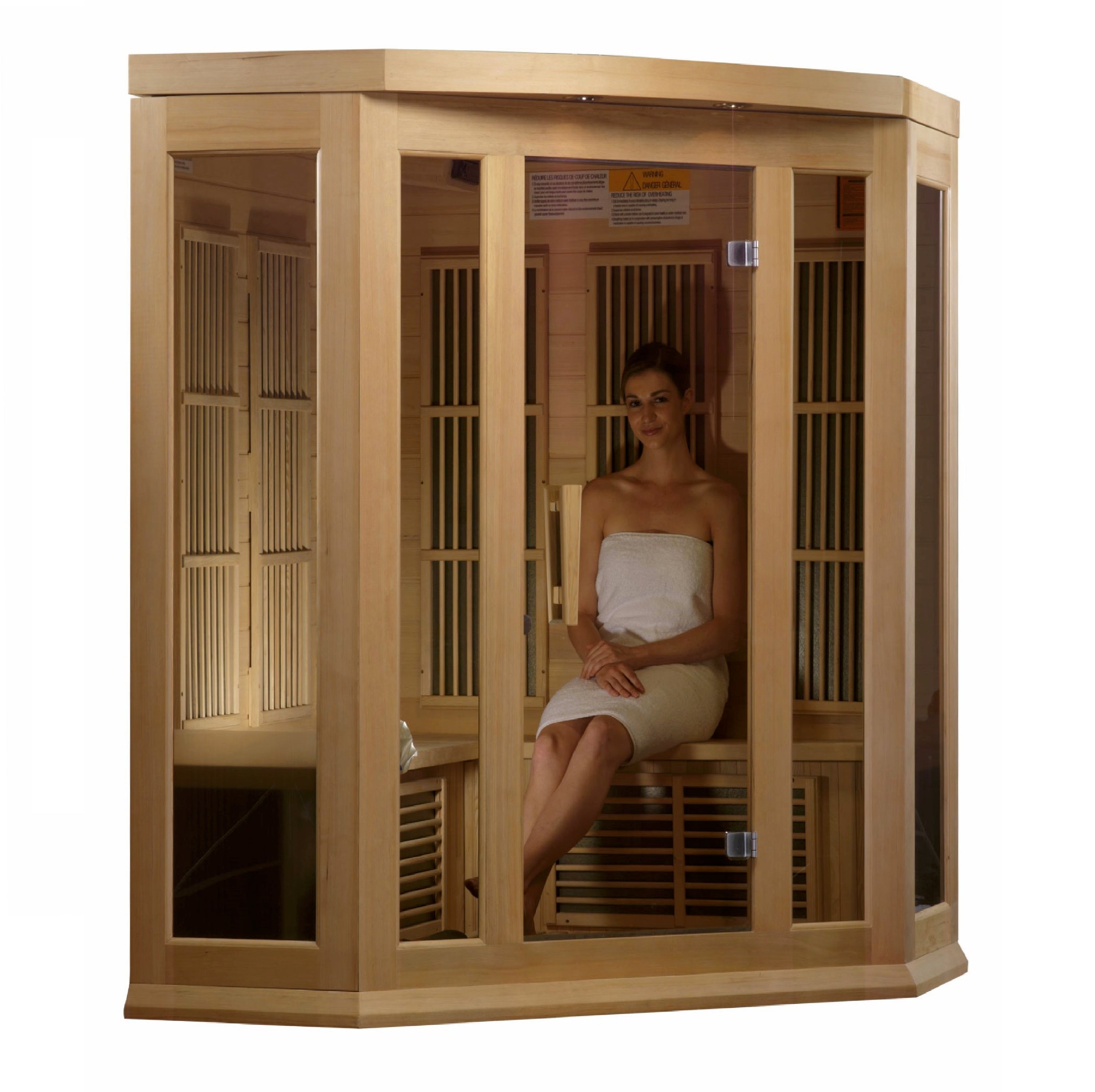 Maxxus MX-K356-01-ZF 3-person corner infrared sauna — front view white background