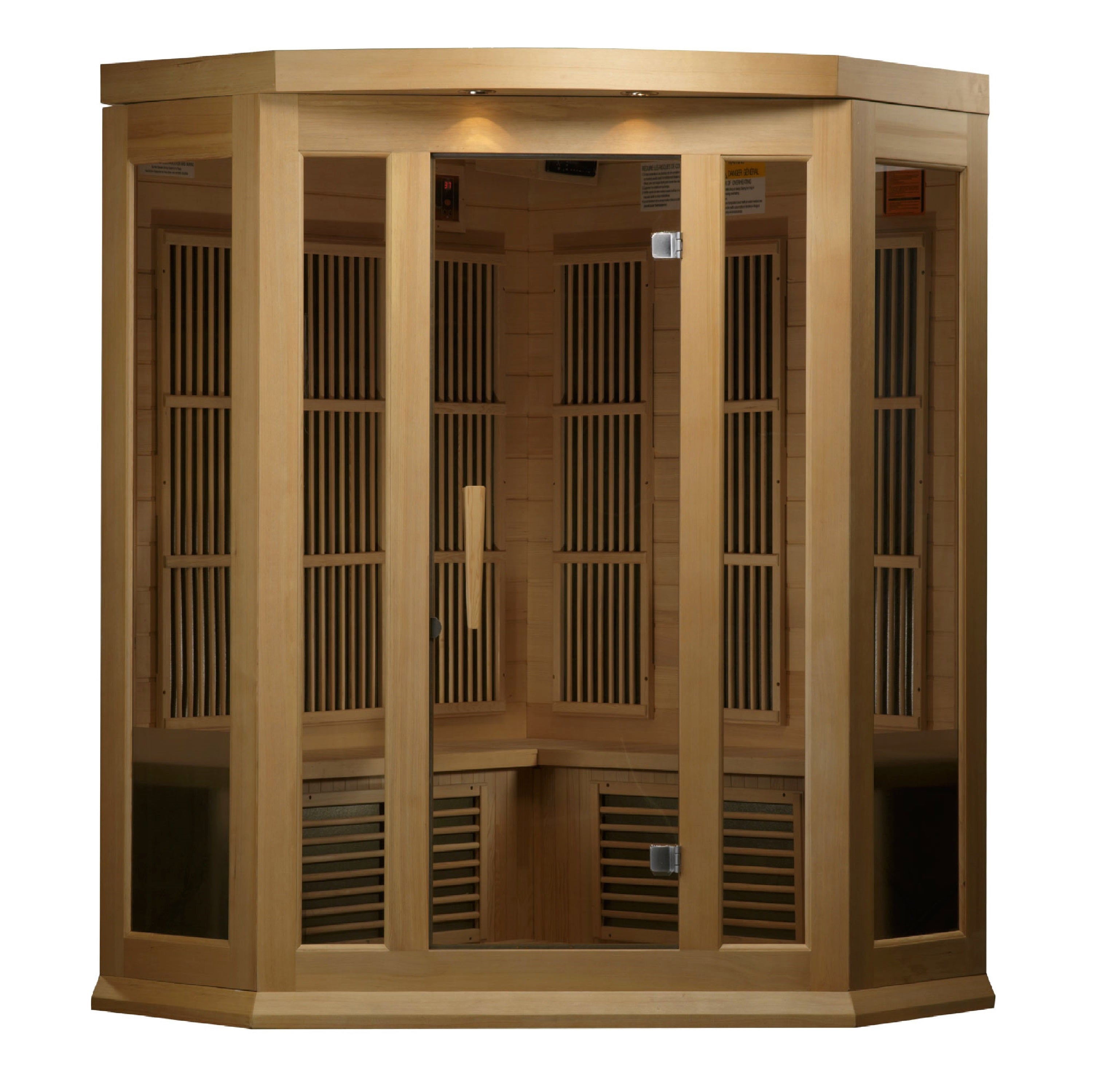 Maxxus corner sauna — interior showing Canadian hemlock walls and heating panels