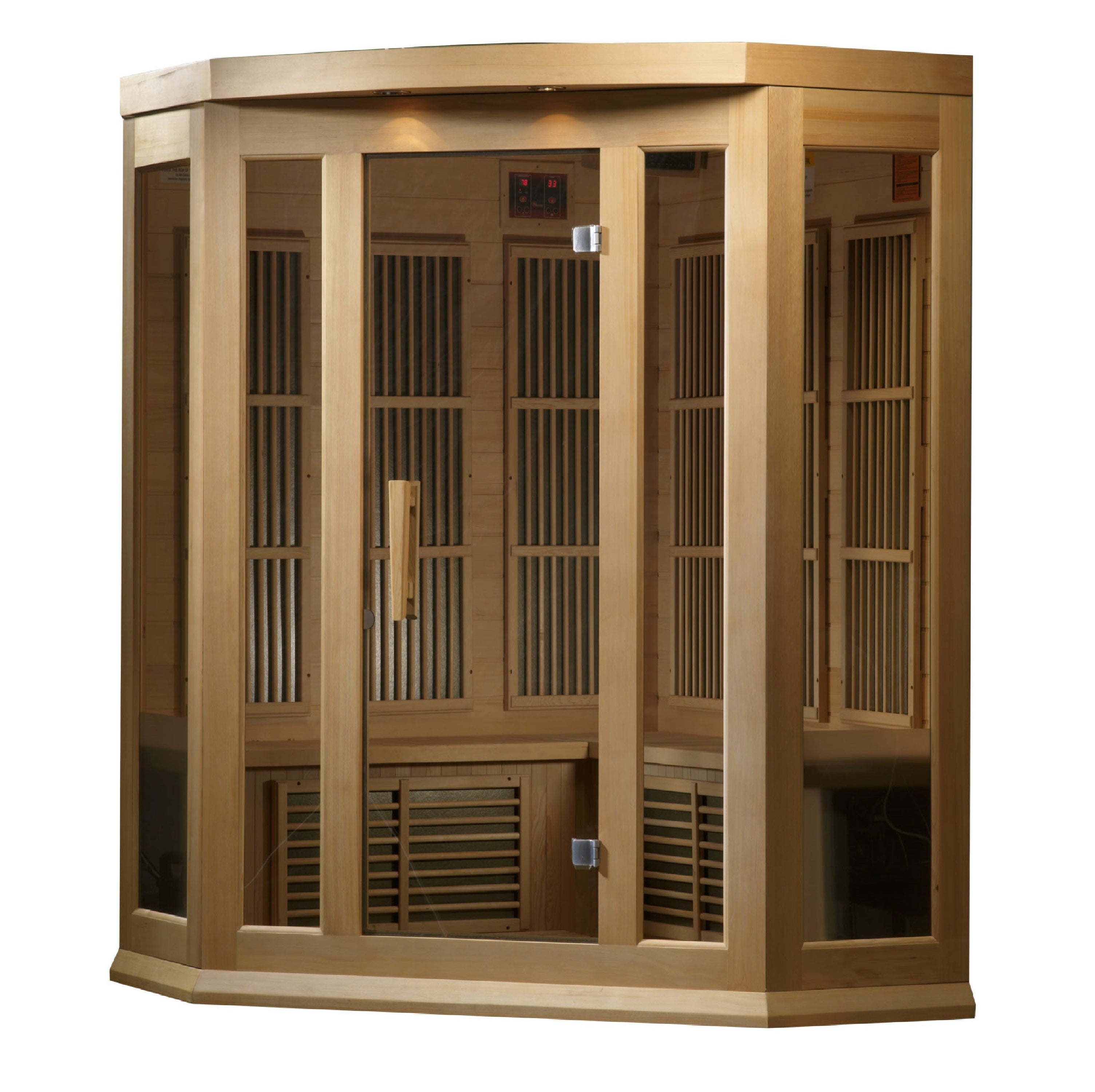 Maxxus corner sauna — glass door detail and exterior accent